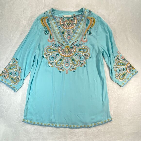 Soft Surroundings Tops - Soft Surroundings Turquoise Embroidered Tunic Top Boho Paisley Floral Pattern XS